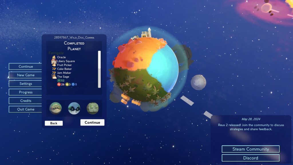 An example of a planet in the players universe in Reus 2: A summary showing its completion status; the giants, biomes and spirits used etc.