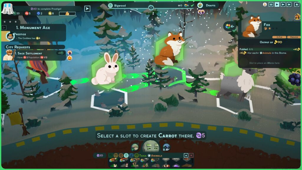 An example of symbiosis in Reus 2: The Fox biotica gaining +10 gold for each animal in it's biome..