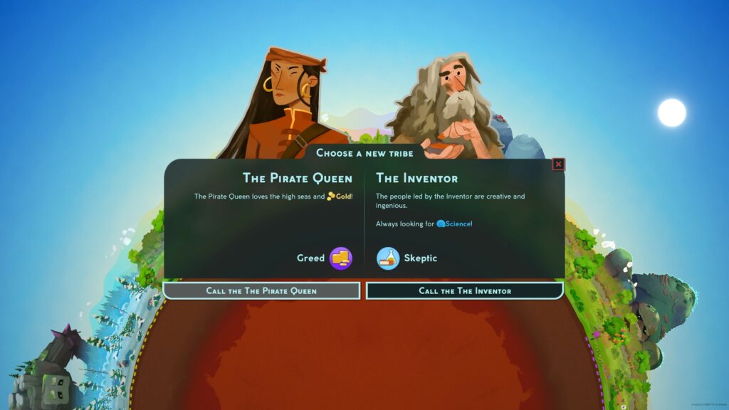 An example of tribes (human spirits) in Reus 2: Choosing between 'The Pirate Queen' or 'The Inventor'.