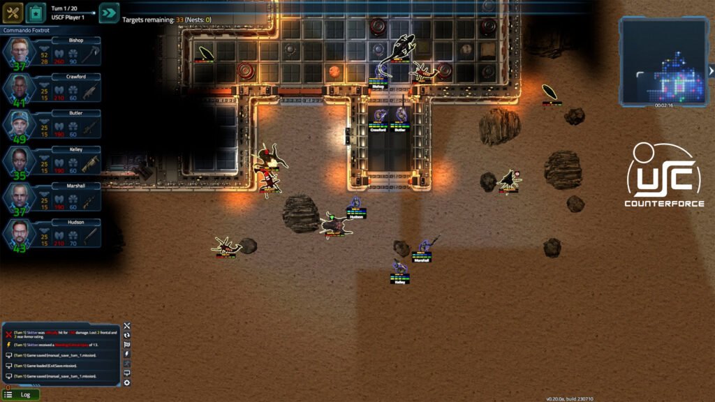 USC: Counterforce - Screenshot of the outside of a base. Marines are surrounded by aliens.
