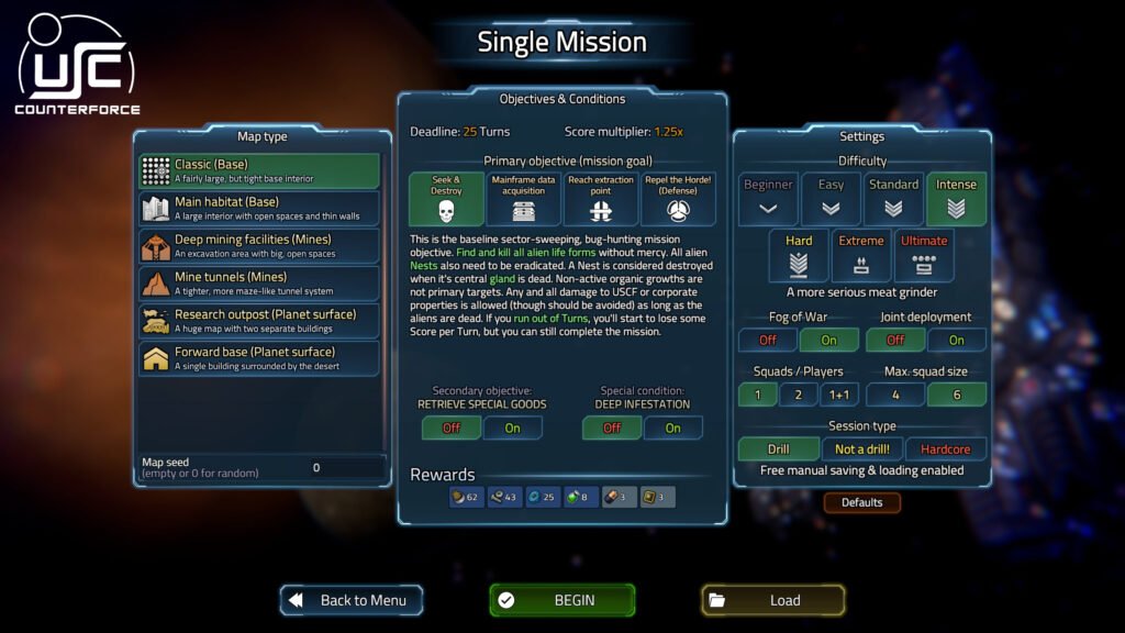 USC: Counterforce - Screenshot of the Single Mission parameters.